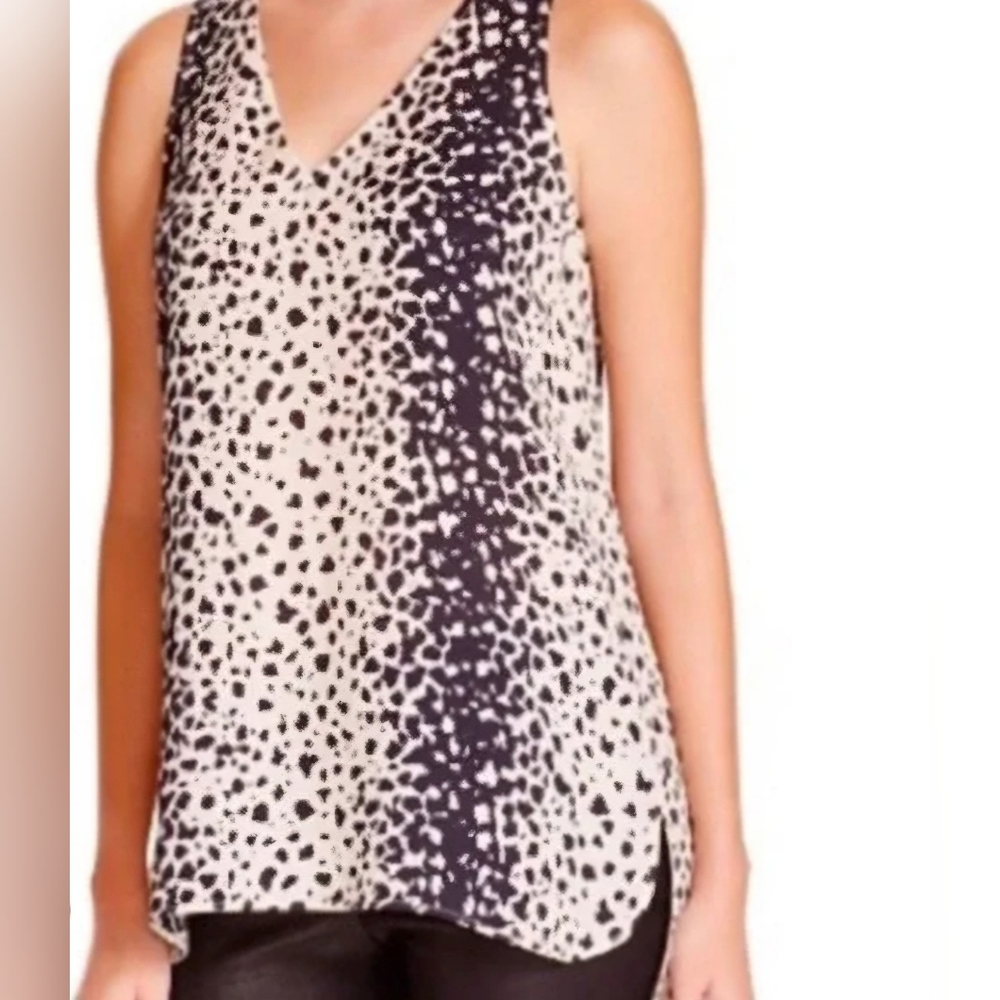 Vince Black+Cream Sleeveless Vneck Lightweight Sheer Cheetah Print Top  Sz Sm